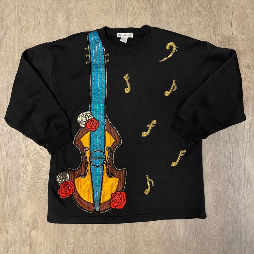 Vintage 80s Eminent Black Crewneck Long Sleeve Sweatshirt Violin Cello Roses L
